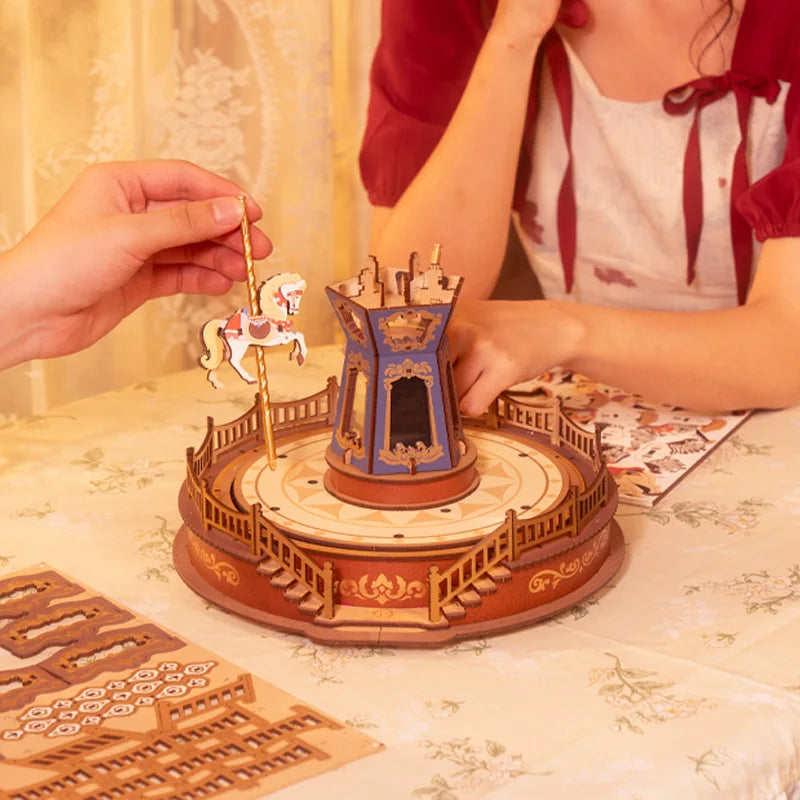Carrousel Boîte À Musique Puzzle En Bois 3D Avec Lumières LED Modèle D'Équipement Kits D'Artisanat De Construction Cadeaux De Noël Pour Adulte