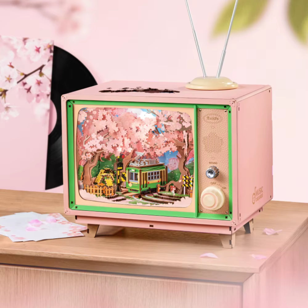 Rolife Bricolage Boîte À Musique Sakura Rêveur Tour 3D Puzzle En Bois Livre Coin TV Modèle Kit Décoration De La Maison Cadeau D'Anniversaire Pour Adulte
