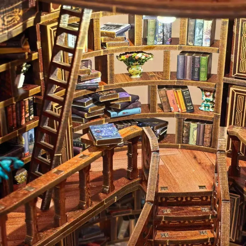 3D Retro Dreamy Book Hall DIY Wooden House Figurines Miniatures Kits Home Desk Decoration for Adult Handmade Christmas Gifts