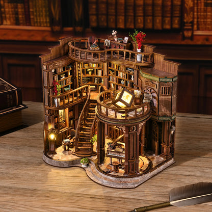 3D Retro Dreamy Book Hall DIY Wooden House Figurines Miniatures Kits Home Desk Decoration for Adult Handmade Christmas Gifts