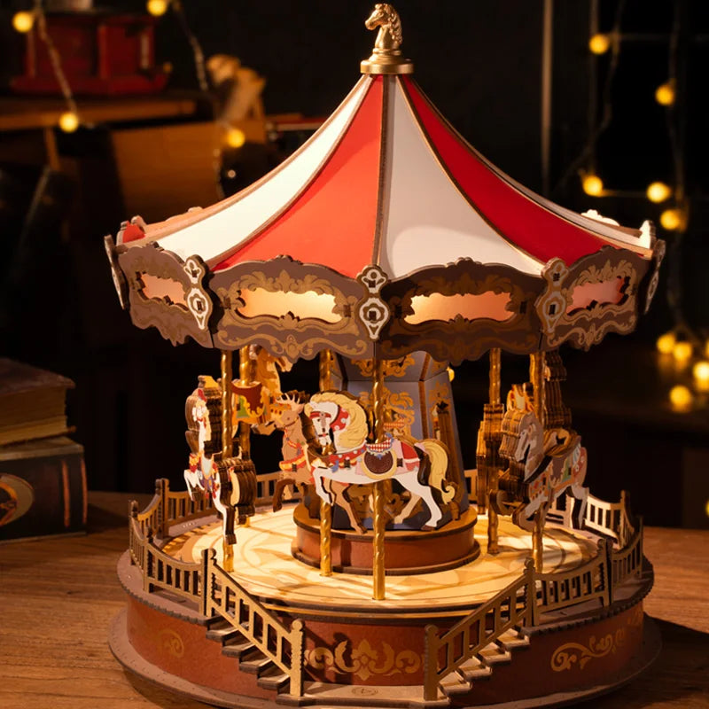 Carrousel Boîte À Musique Puzzle En Bois 3D Avec Lumières LED Modèle D'Équipement Kits D'Artisanat De Construction Cadeaux De Noël Pour Adulte