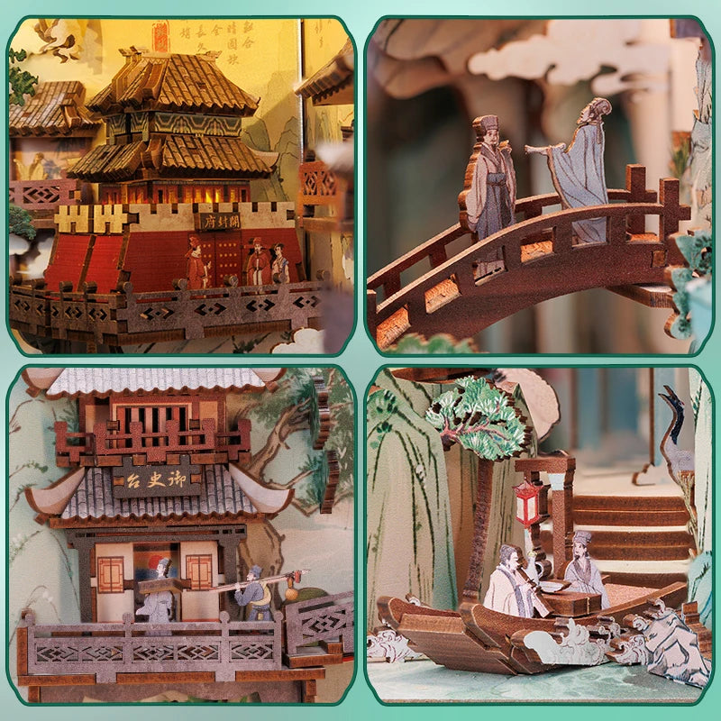 – Coin De Livre Antique, Kit De Maison De Poupée De Style Chinois Avec Lumière Tactile, Couverture Anti-Poussière, Puzzle 3D, Jouet, Idées Cadeaux, La Vie De Su Dongpo