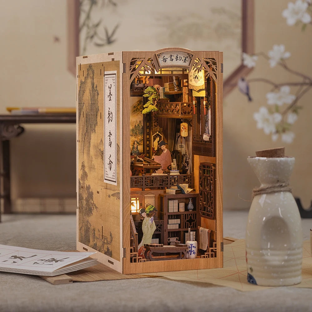 Livre Coin Maison De Poupée Kit Avec Lumière Tactile Cache-Poussière Bricolage Maison De Poupée Miniature Jouets Pour Cadeaux D'Anniversaire Encre Rime Librairie