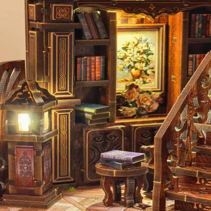 3D Retro Dreamy Book Hall DIY Wooden House Figurines Miniatures Kits Home Desk Decoration for Adult Handmade Christmas Gifts