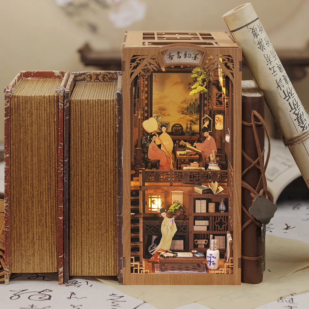 Livre Coin Maison De Poupée Kit Avec Lumière Tactile Cache-Poussière Bricolage Maison De Poupée Miniature Jouets Pour Cadeaux D'Anniversaire Encre Rime Librairie
