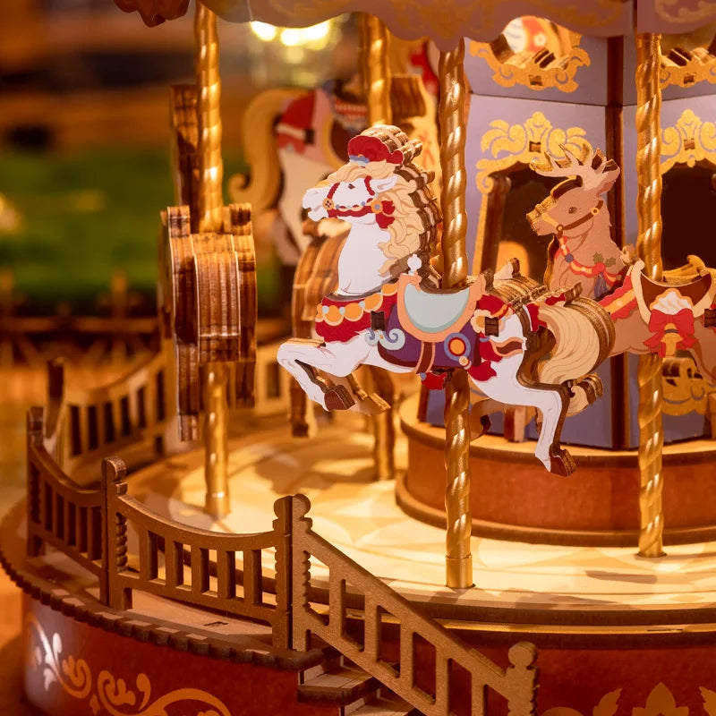 Carrousel Boîte À Musique Puzzle En Bois 3D Avec Lumières LED Modèle D'Équipement Kits D'Artisanat De Construction Cadeaux De Noël Pour Adulte