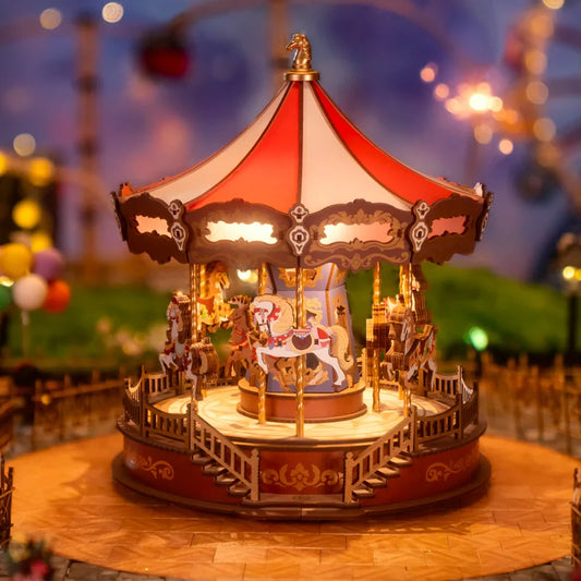 Carrousel Boîte À Musique Puzzle En Bois 3D Avec Lumières LED Modèle D'Équipement Kits D'Artisanat De Construction Cadeaux De Noël Pour Adulte